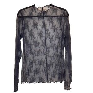 Sheer‎ Lace Mock Neck Long Sleeve Top Size L Floral Lettuce Hem Y2K Romantasy